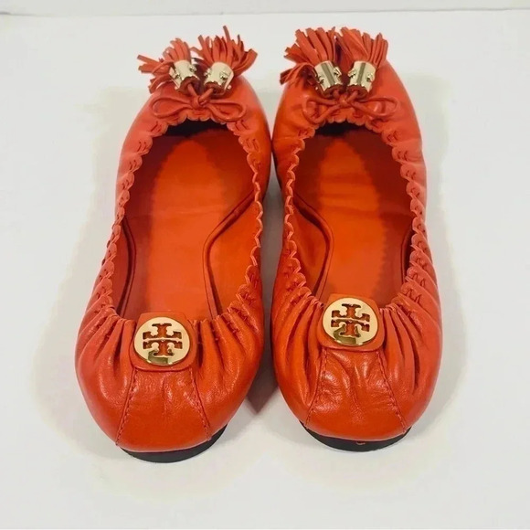 Tory Burch Reese Tassel Flats Orange Leather Size 6.5 - Picture 5 of 9